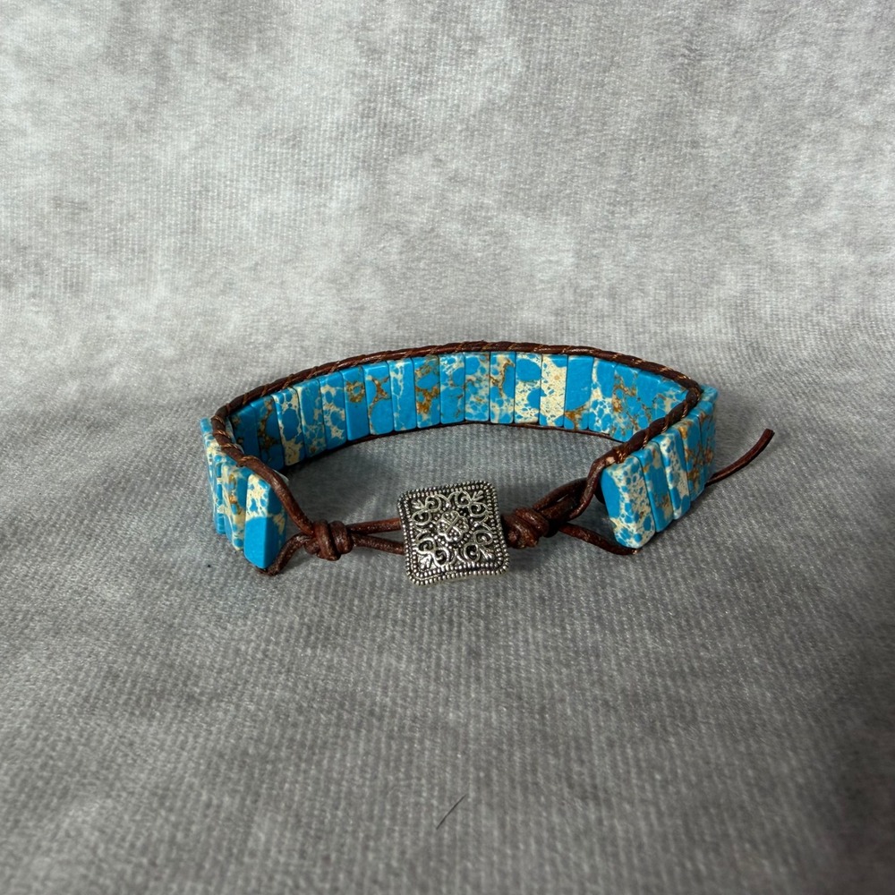 Vtg Boho Blue Imperial Jasper Wrap Bracelet Leather‎ Cord Silver Filigree Clasp